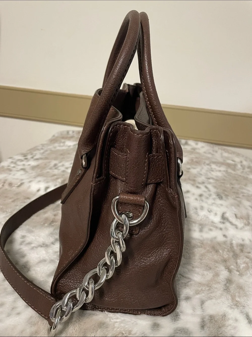 Michael Kors Dark Brown Pebbled Leather Satchel with Silver Hardware